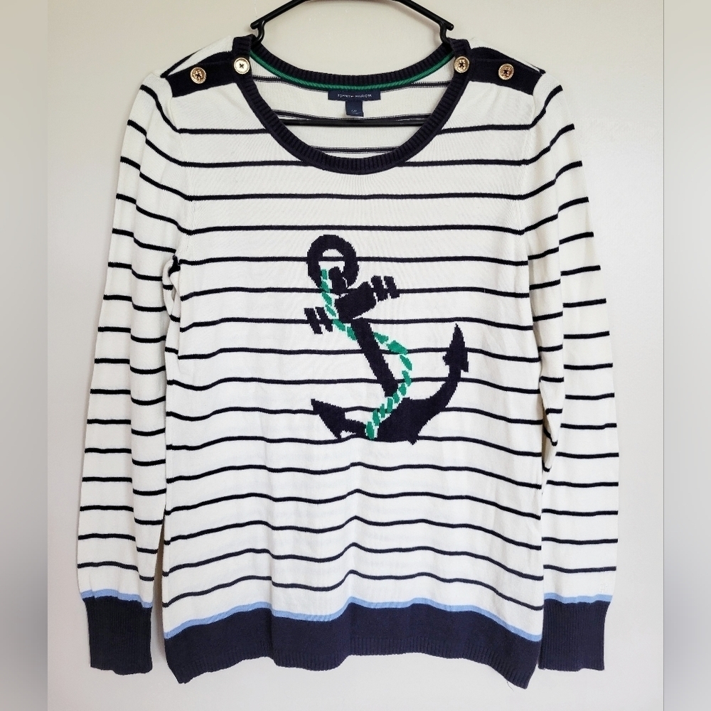 Tommy Hilfiger Women's Nautical Striped Anchor Sweater Size Small